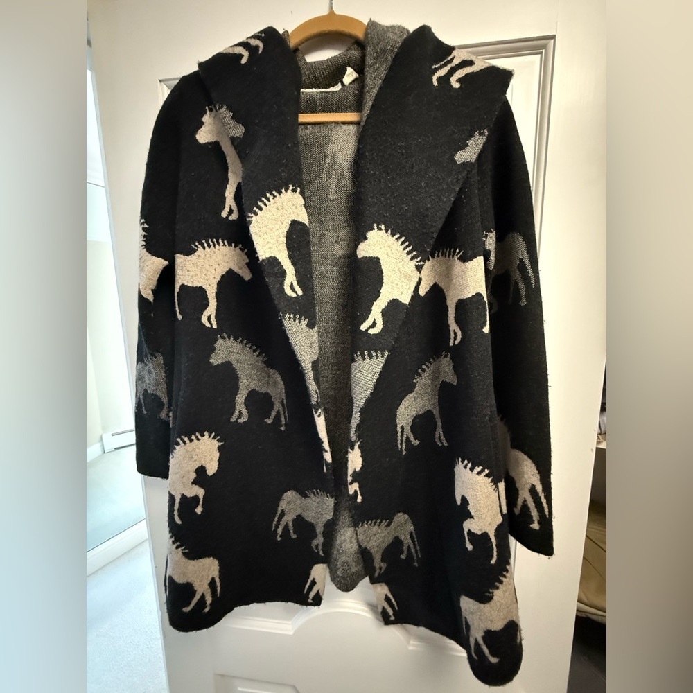 Anthropologie Field Flower Oversized Open-Front Horse Pattern cardigan sweater.